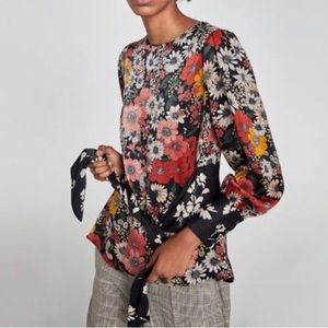 Zara Basic Collection Women’s XS Floral Print Tunic Blouse with Tie